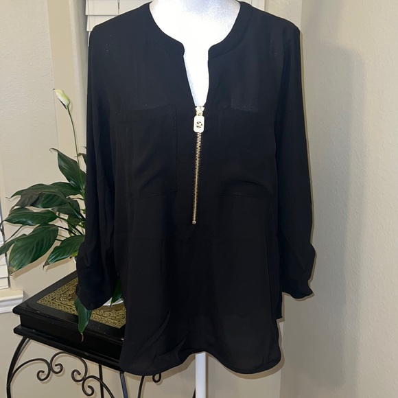 Michael Kors Black Front Half Zip Blouse - Picture 2 of 8